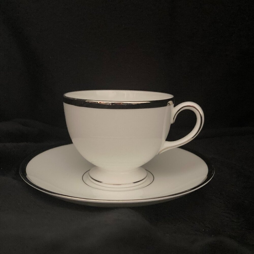 WEDGWOOD China CARLYN Pattern Cup & Saucer, Leigh Shape White with Silver Trim